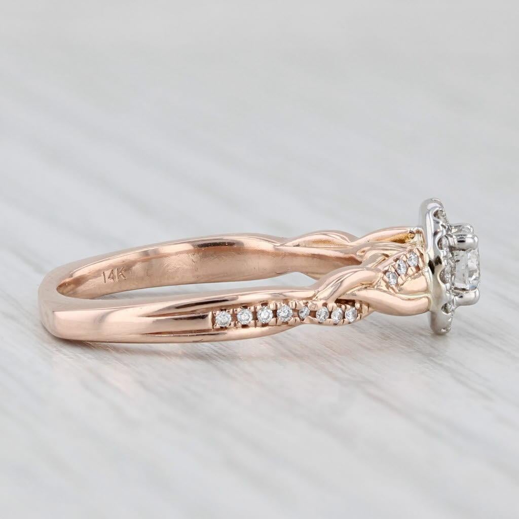da uomo o donna Anello di fidanzamento aureolato con diamante rotondo da 0,43 carati in oro rosa 14k, misura 6,5 Vintage in vendita