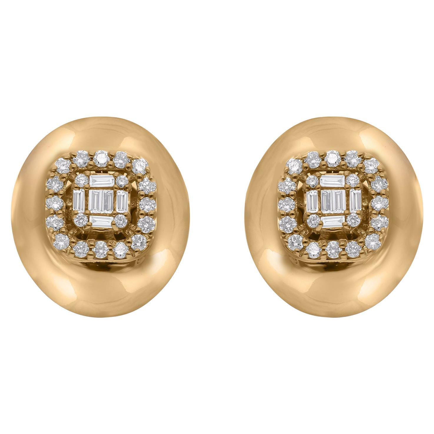 Clous d'oreilles ovales en or jaune 14 carats avec diamants baguettes de 0,44 carat