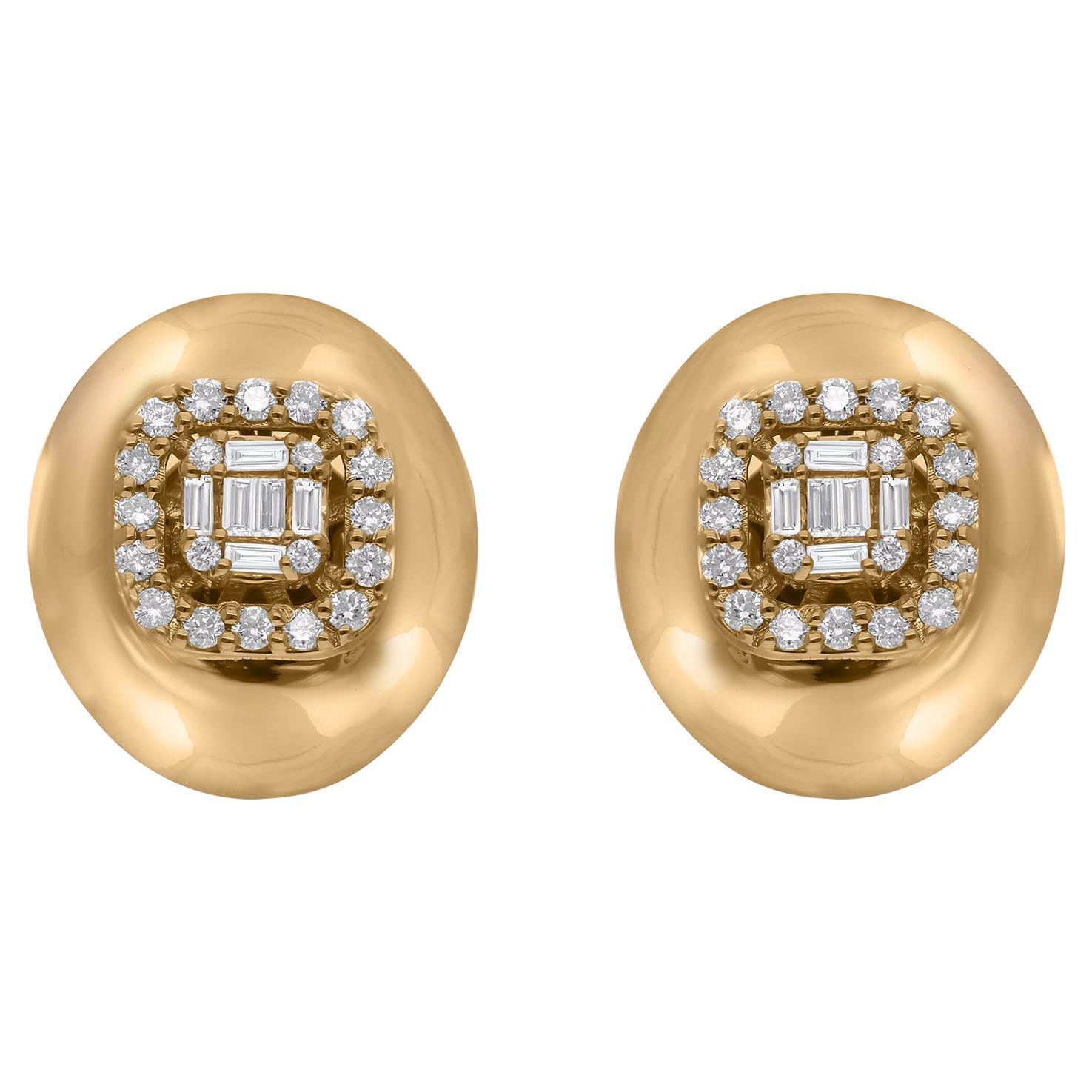 0.44 Carat Baguette Diamond Oval Stud Earrings 14 Karat Yellow Gold Fine Jewelry