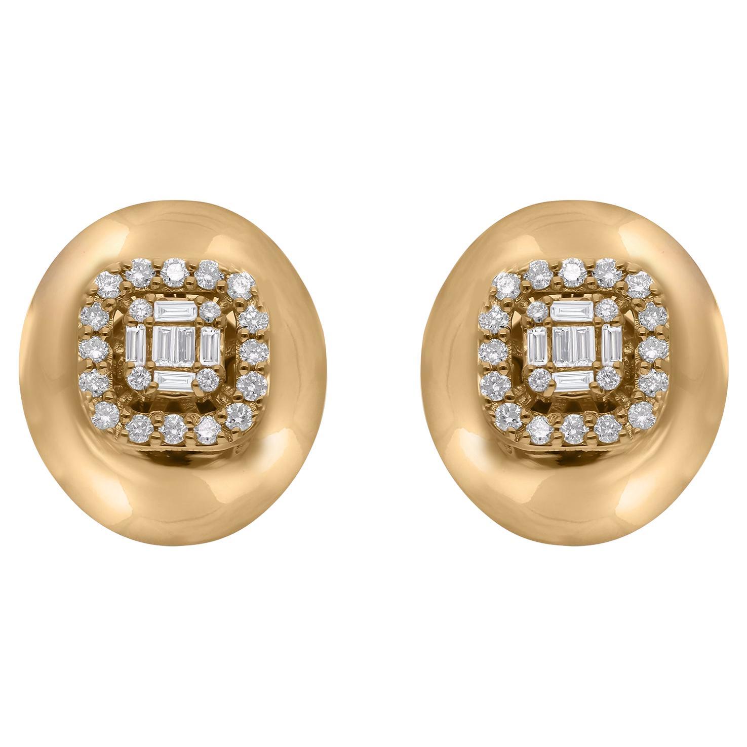 Clous d
oreilles ovales en or jaune 14 carats avec diamants baguettes de 0,44 carat