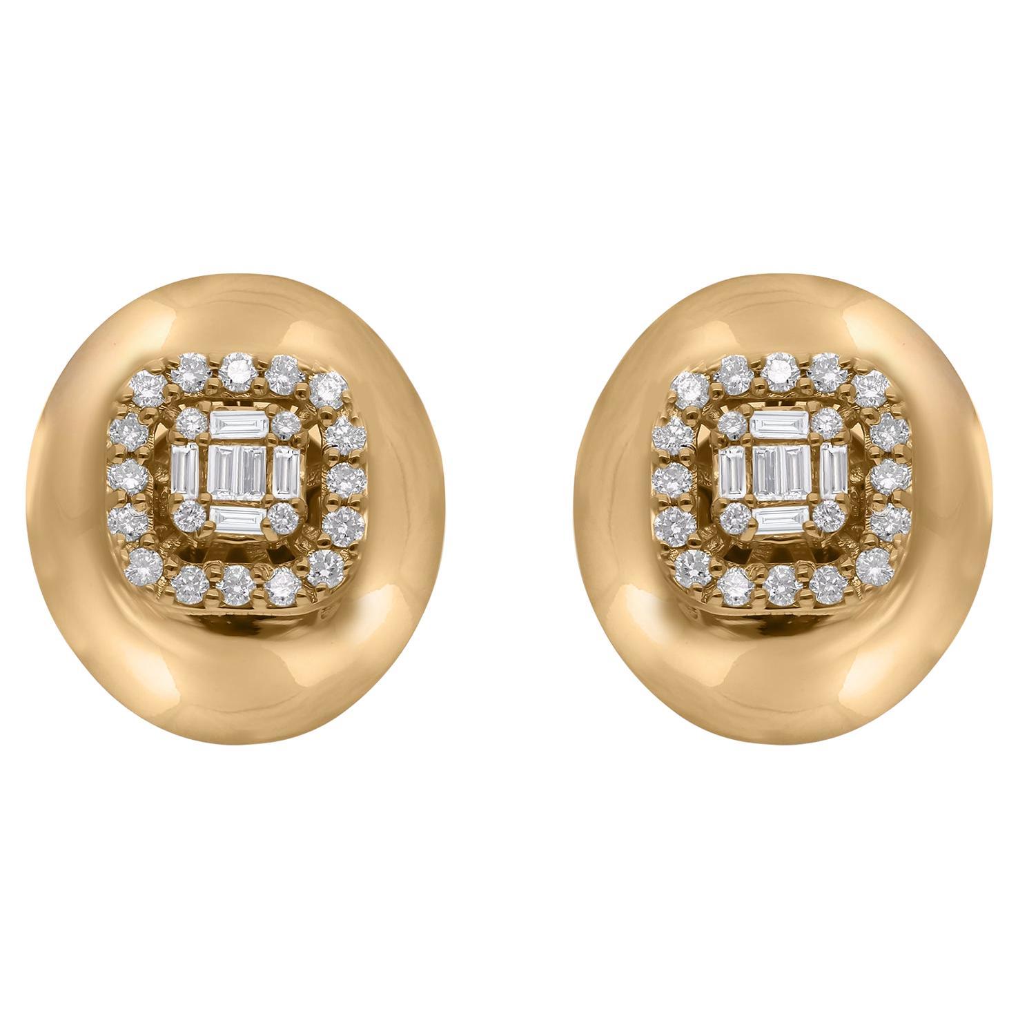 0.44 Carat Baguette Diamond Oval Stud Earrings 18 Karat Yellow Gold Fine Jewelry