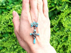0.44 Carat Diamond and Blue Enamel 15k Yellow Gold Cross Pendant Circa 1830