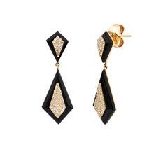 0.44 Carat Diamond & Black Onyx Geometric Kite Shield Drop Earrings in 18K Gold