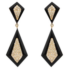 0.44 Carat Diamond & Black Onyx Geometric Kite Shield Drop Earrings in 18K Gold