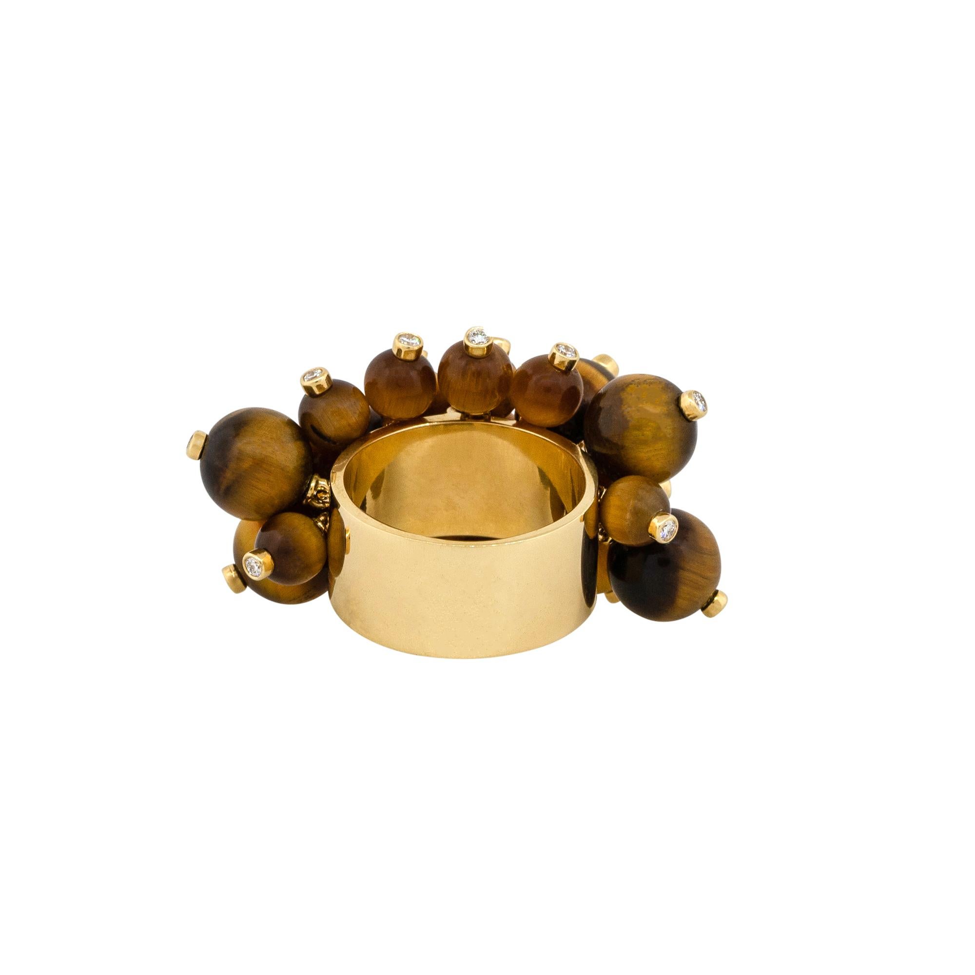 0.44 Carat Diamond Tiger's Eye Bead Ring 18 Karat in Stock In New Condition In Boca Raton, FL