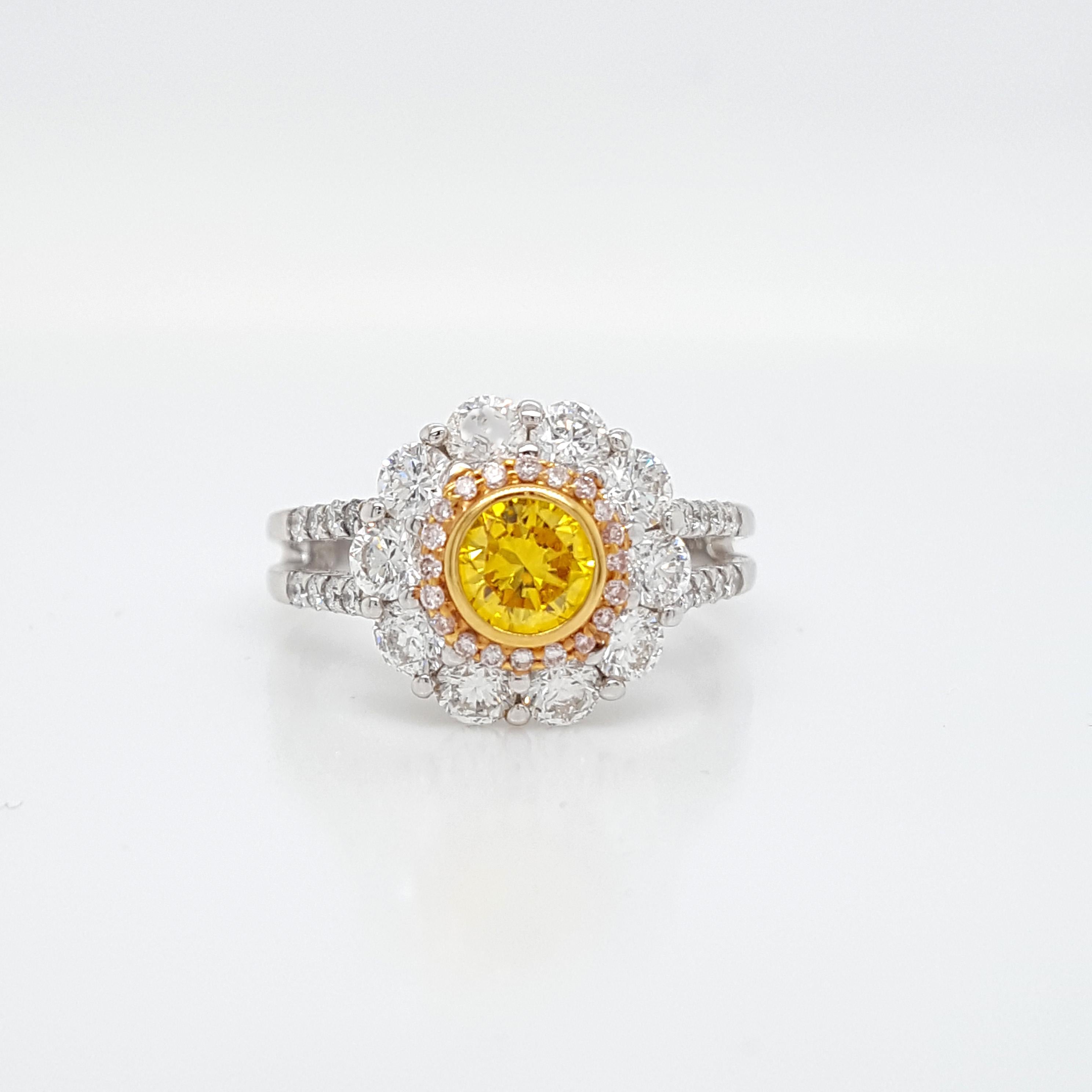 A gorgeous Engagement Cocktail ring Showcasing 0.44 Carat round brilliant cut Fancy Vivid Yellow Diamond, GIA Certified as VS1 clarity. Surrounded by colorful accents of 0.08 carat Fancy Pink diamonds offer a vibrant take. accompanied by 30 round