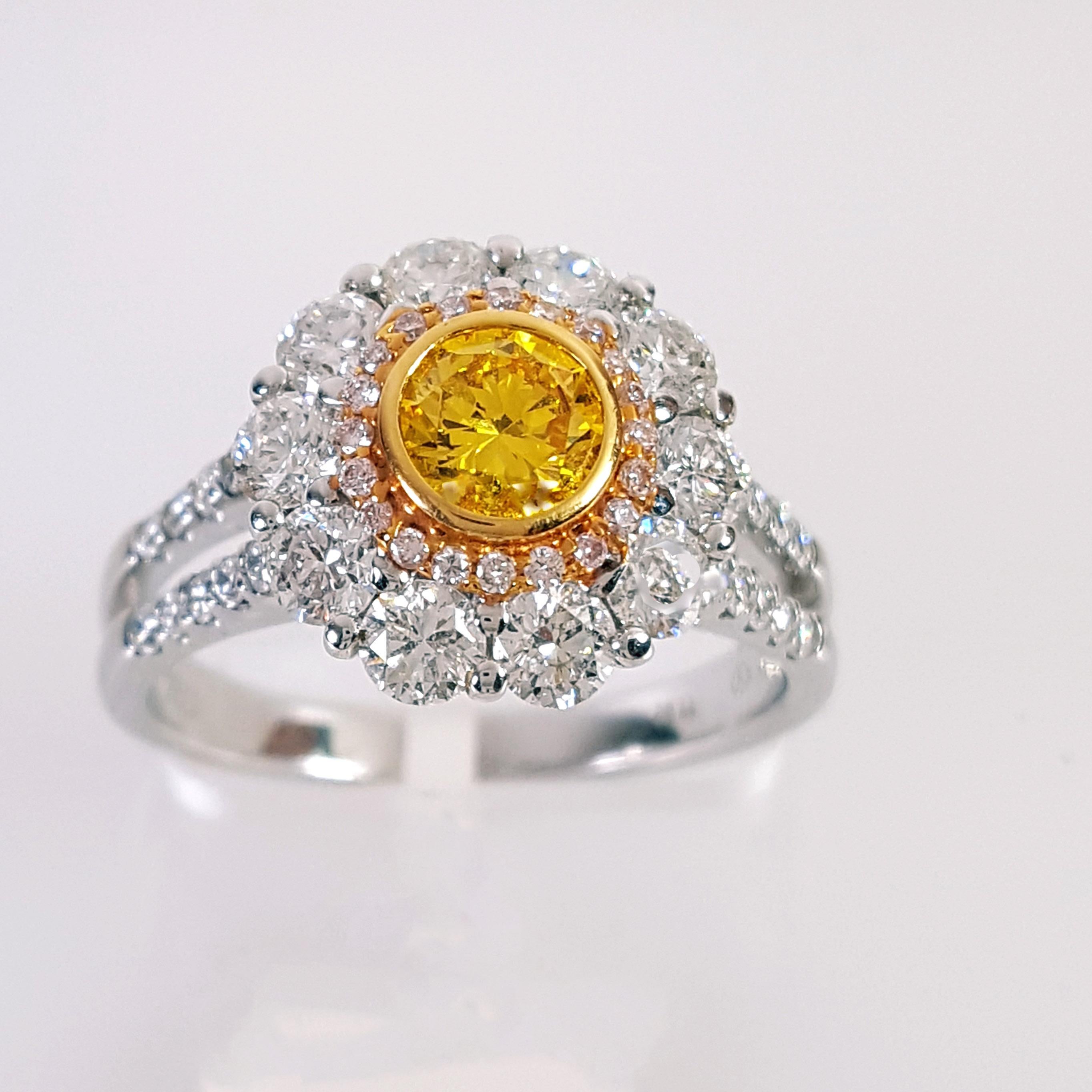 Victorian 0.44 Carat Fancy Vivid Yellow Diamond Engagement Cocktail Ring, GIA Certificate  For Sale