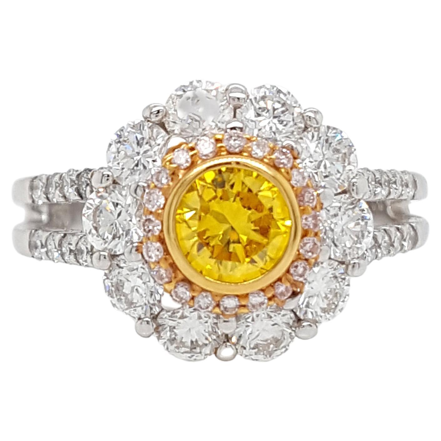 0.44 Carat Fancy Vivid Yellow Diamond Engagement Cocktail Ring, GIA Certificate 