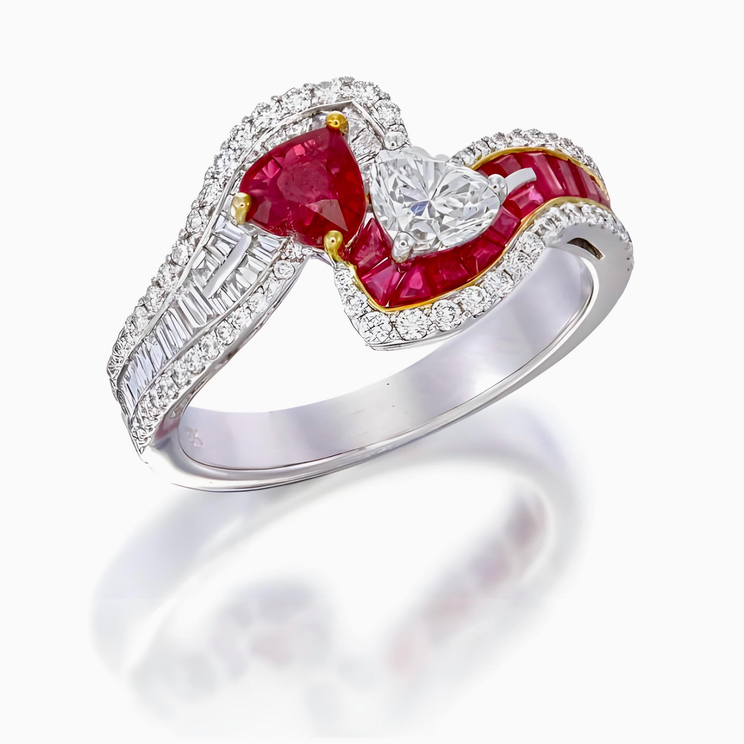 0.44 Carat Heart Cut Ruby Ring with Diamonds in 18 Karat White Gold In New Condition For Sale In Bangkok, TH