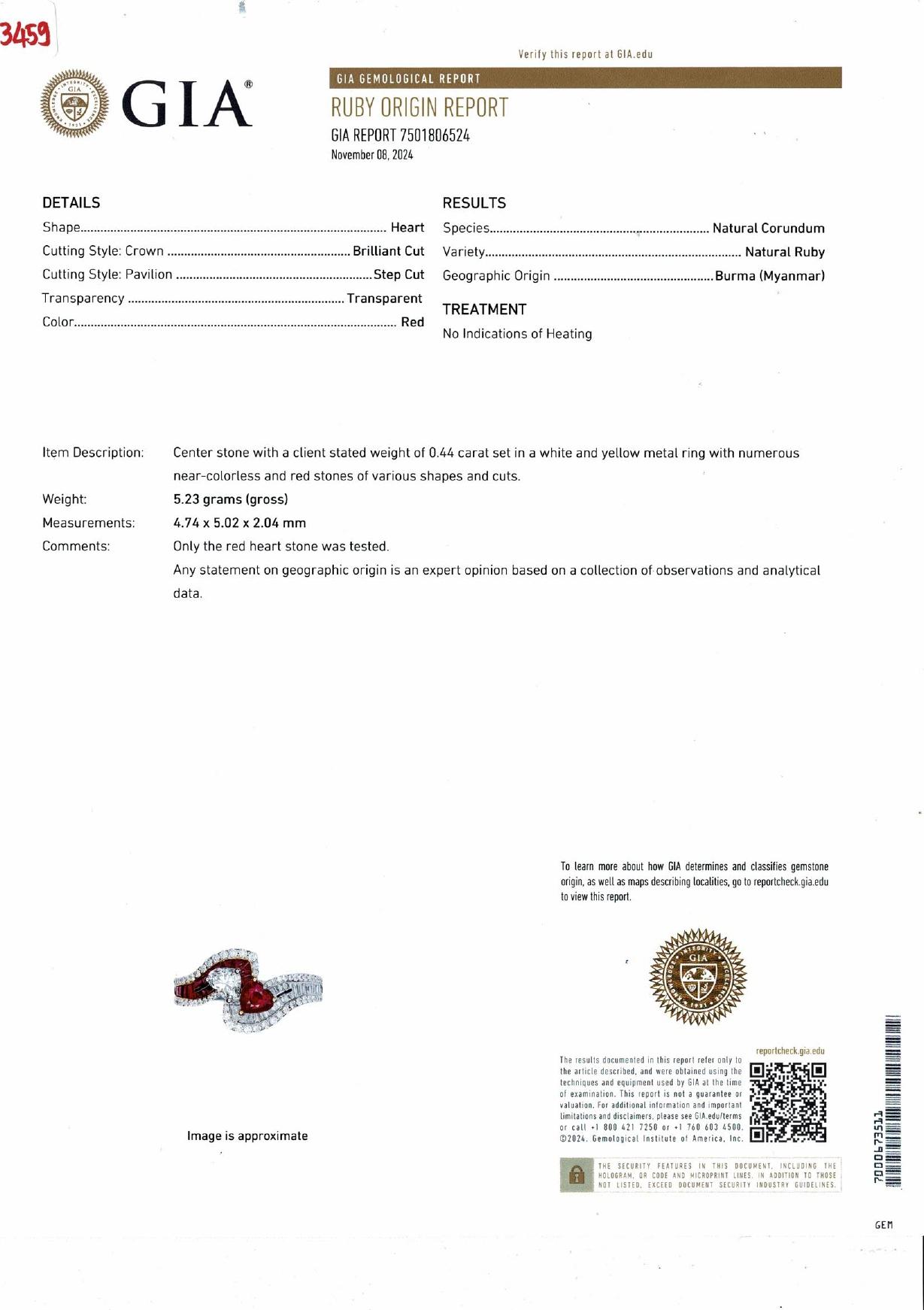 0.44 Carat Heart Cut Ruby Ring with Diamonds in 18 Karat White Gold For Sale 1