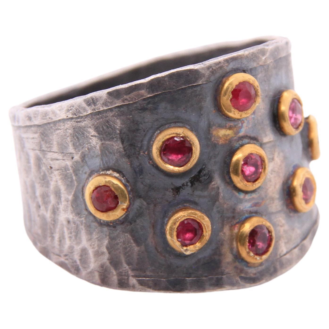 Round Cut 0.44 Carat Multi Ruby 24K Yellow Gold & Silver Ring with Hammered Textured Ring