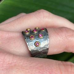 0.44 Carat Multi Ruby 24K Yellow Gold & Silver Ring with Hammered Textured Ring