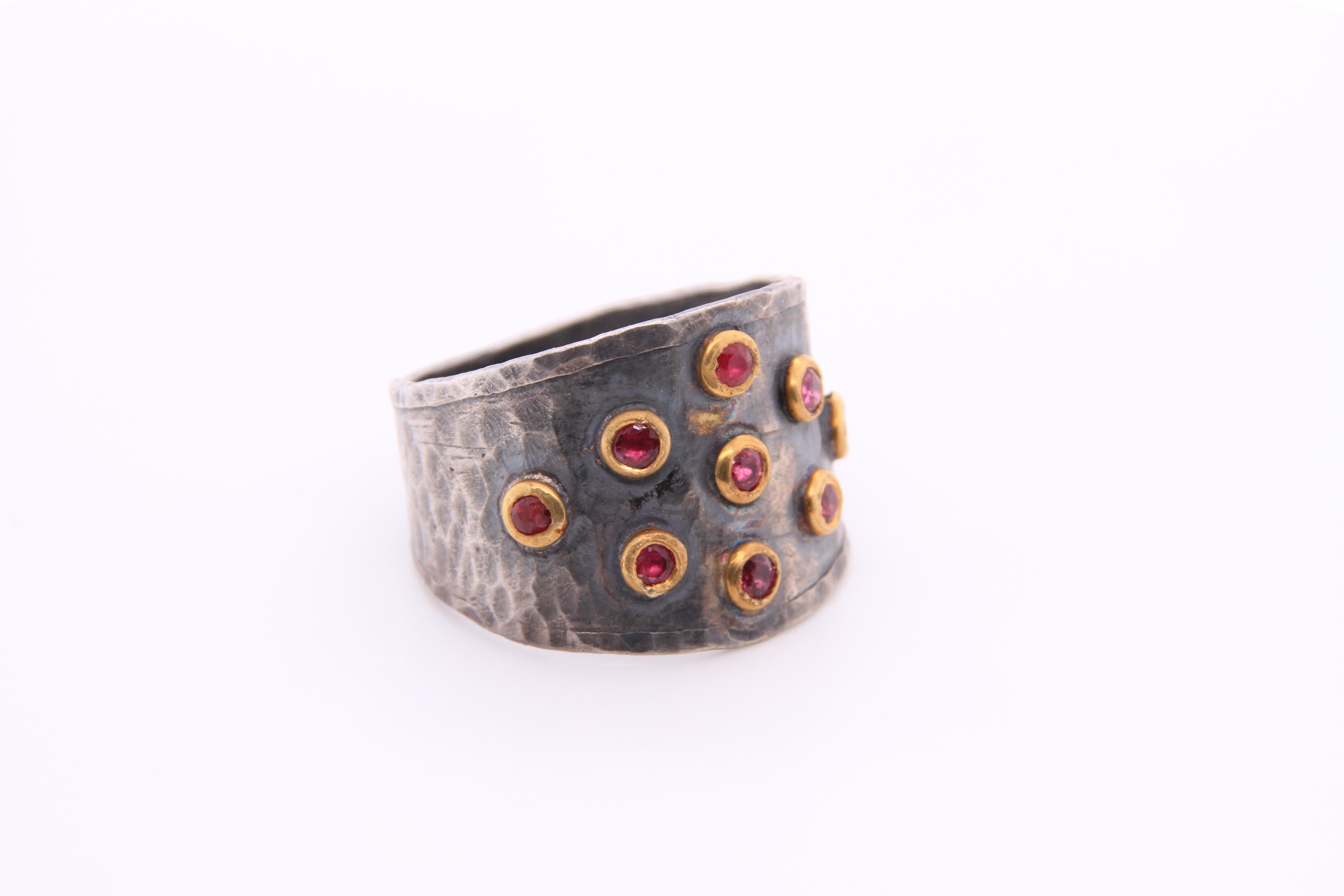 0.44 Carat Multi Ruby 24K Yellow Gold & Silver Ring with Hammered Textured Ring In New Condition In Bozeman, MT
