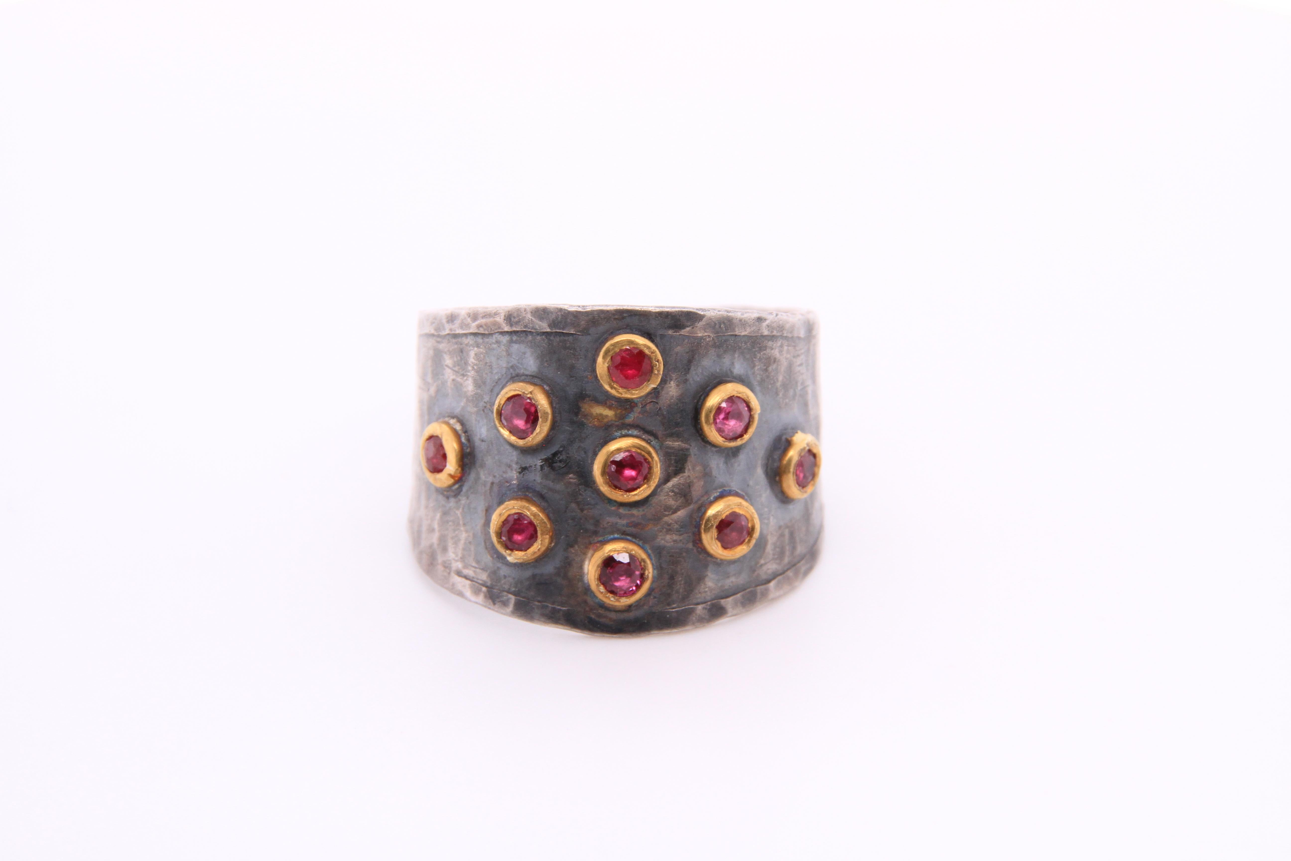 Women's or Men's 0.44 Carat Multi Ruby 24K Yellow Gold & Silver Ring with Hammered Textured Ring
