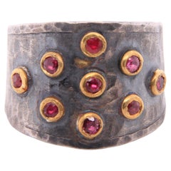 0.44 Carat Multi Ruby 24K Yellow Gold & Silver Ring with Hammered Textured Ring