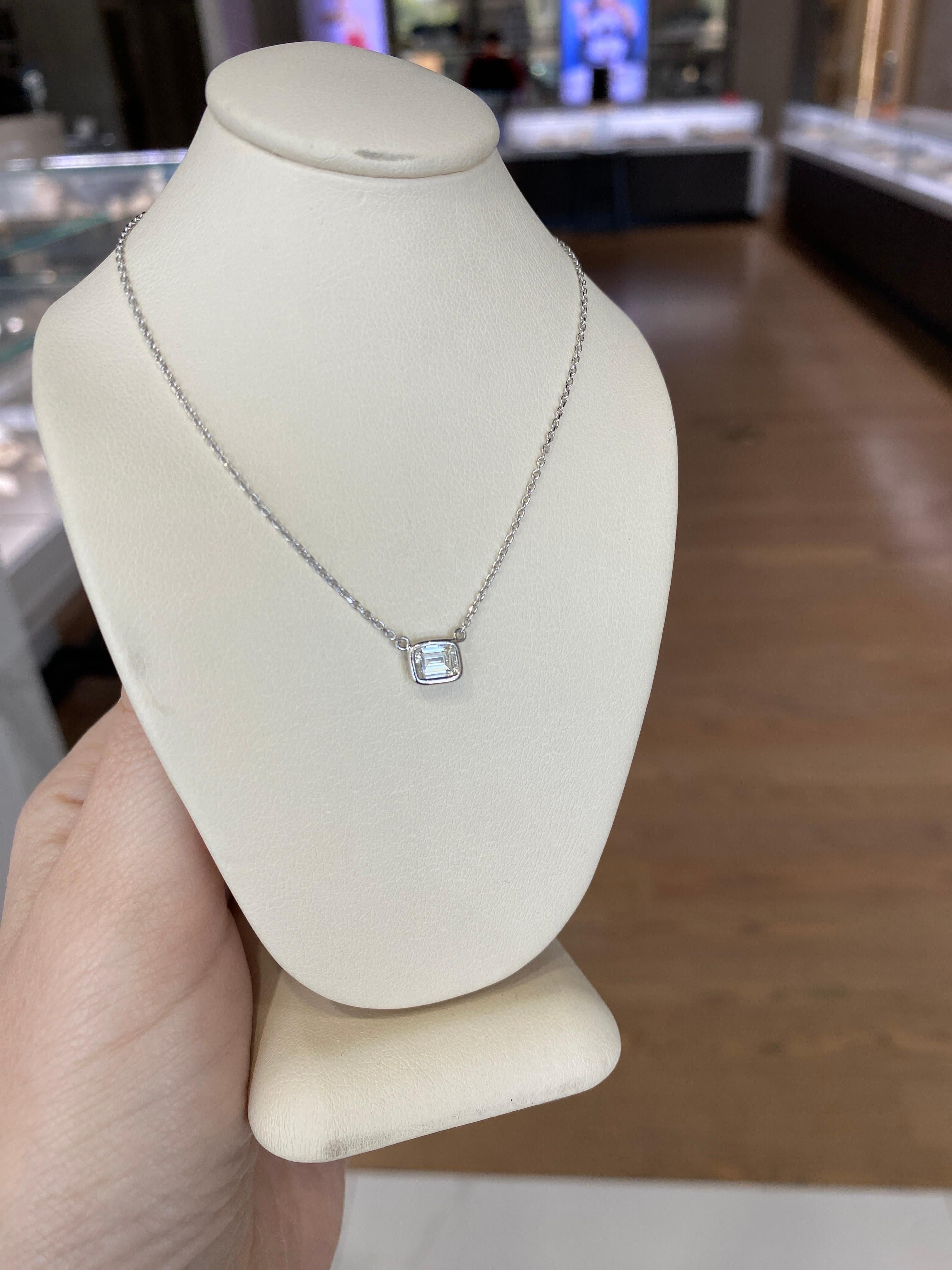 0.44 Carat Natural Emerald Cut Bezel Set Diamond Pendant Necklace 14k White Gold For Sale 10