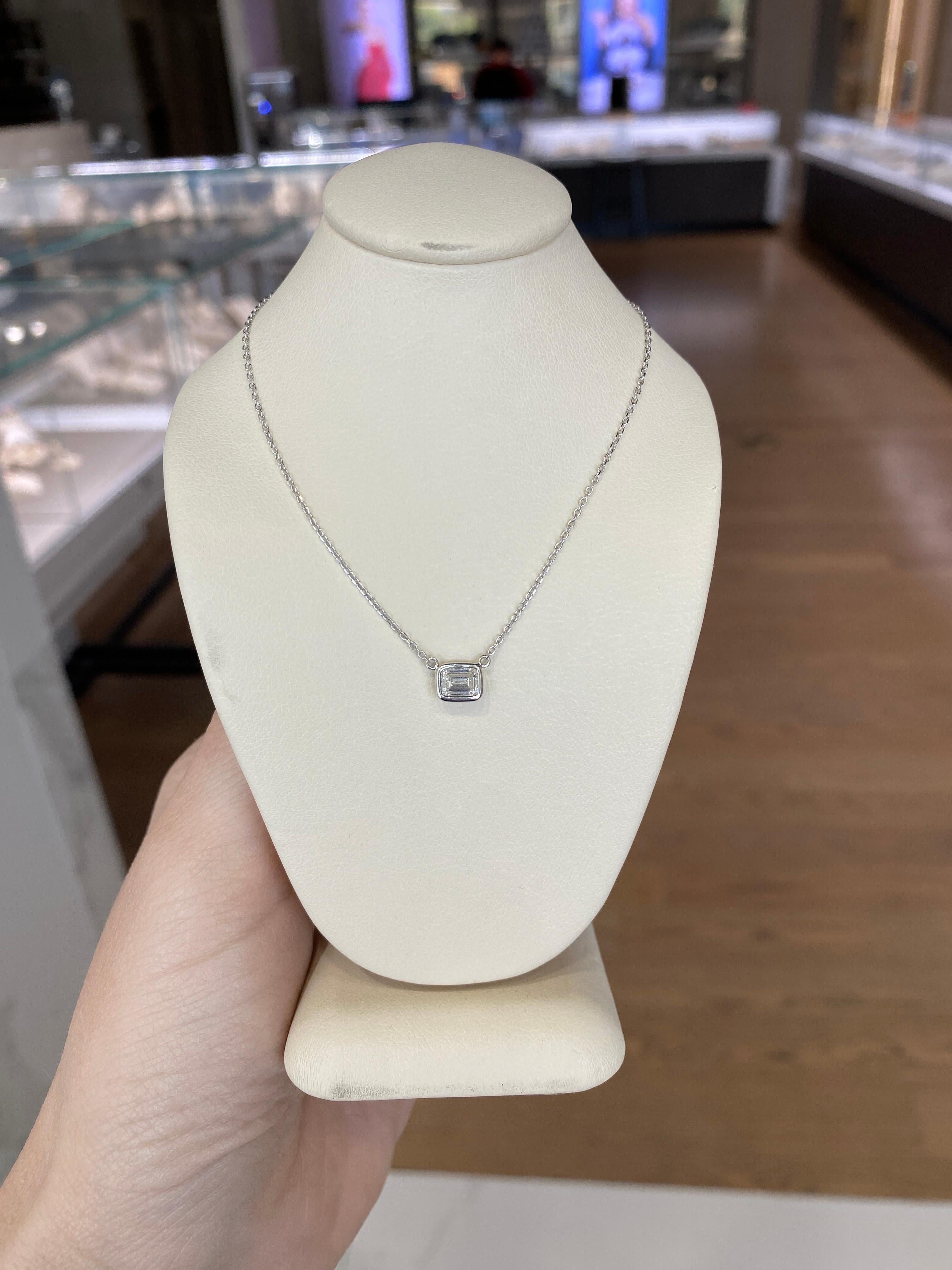 0.44 Carat Natural Emerald Cut Bezel Set Diamond Pendant Necklace 14k White Gold For Sale 11