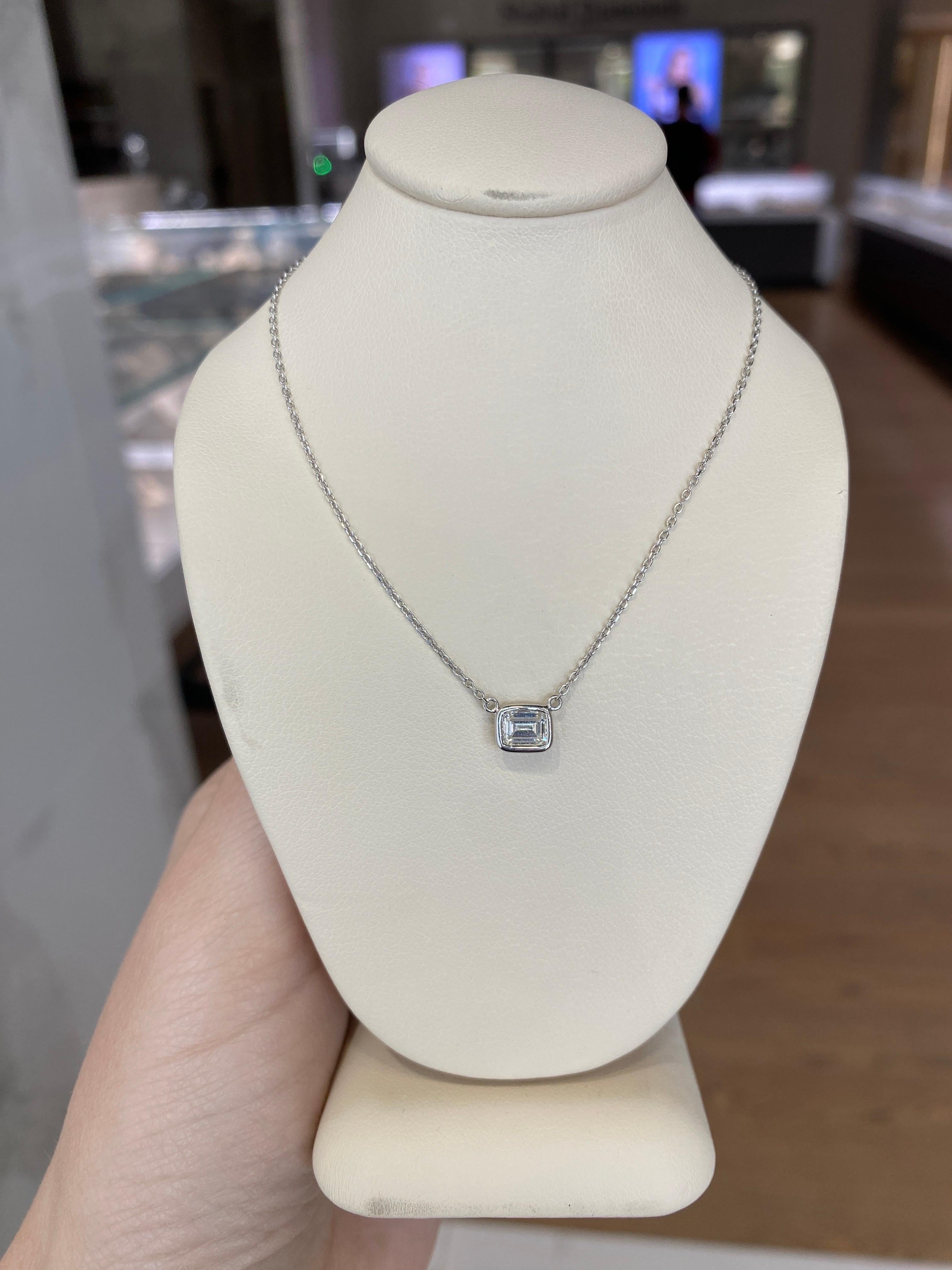 0.44 Carat Natural Emerald Cut Bezel Set Diamond Pendant Necklace 14k White Gold For Sale 13