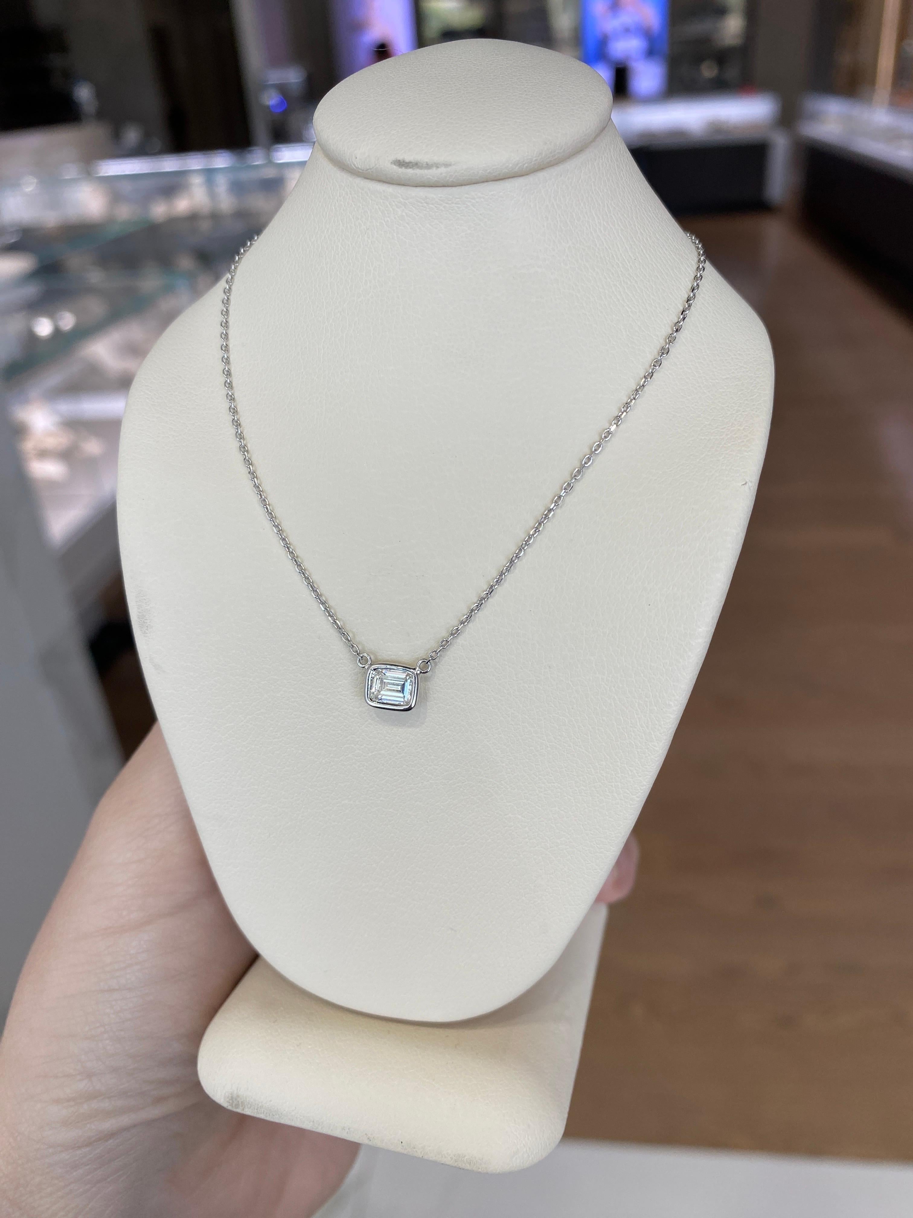 Women's or Men's 0.44 Carat Natural Emerald Cut Bezel Set Diamond Pendant Necklace 14k White Gold For Sale