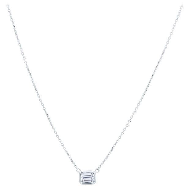 0.44 Carat Natural Emerald Cut Bezel Set Diamond Pendant Necklace 14k White Gold For Sale