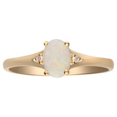 Vintage 0.44 Carat Opal Oval Cab and Diamond 10K Yellow Gold Wedding Ring