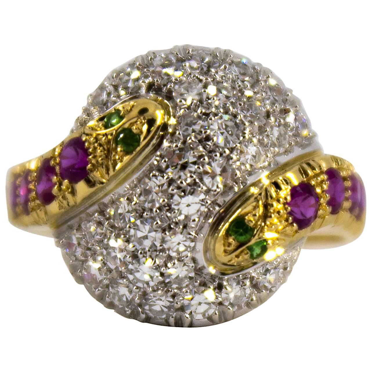 0.44 Carat Ruby Tsavorite 0.90 Carat Diamond Yellow Gold "Snakes" Cocktail Ring