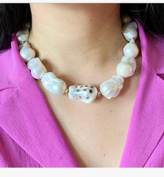 0.44 Carat Salt and Pepper Diamond Large Baroque Pearl Strand Necklace
