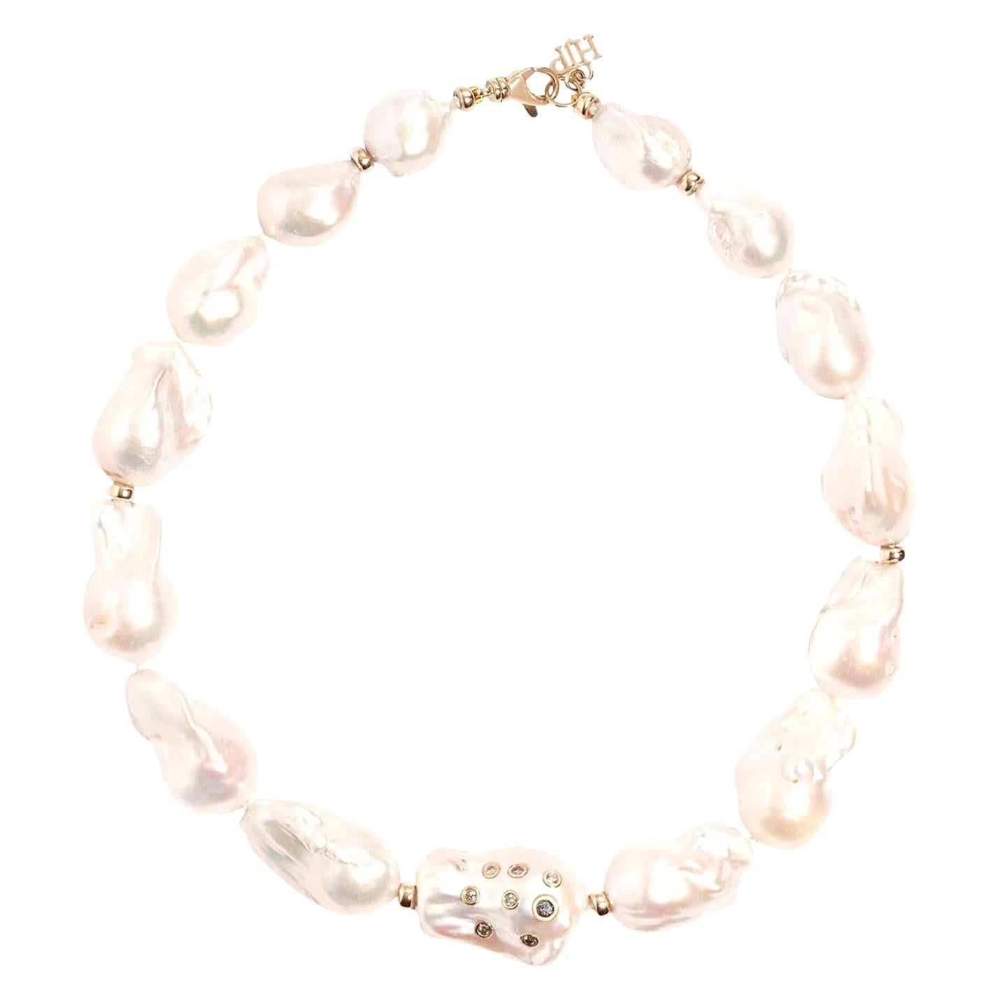 0.44 Carat Salt and Pepper Diamond Large Baroque Pearl Strand Necklace