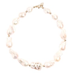 0.44 Carat Salt and Pepper Diamond Large Baroque Pearl Strand Necklace