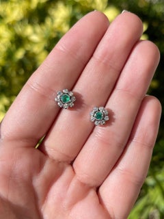 0.44tcw 14K Colombian Emerald-Round Cut & Diamond Halo Floral Stud Earrings