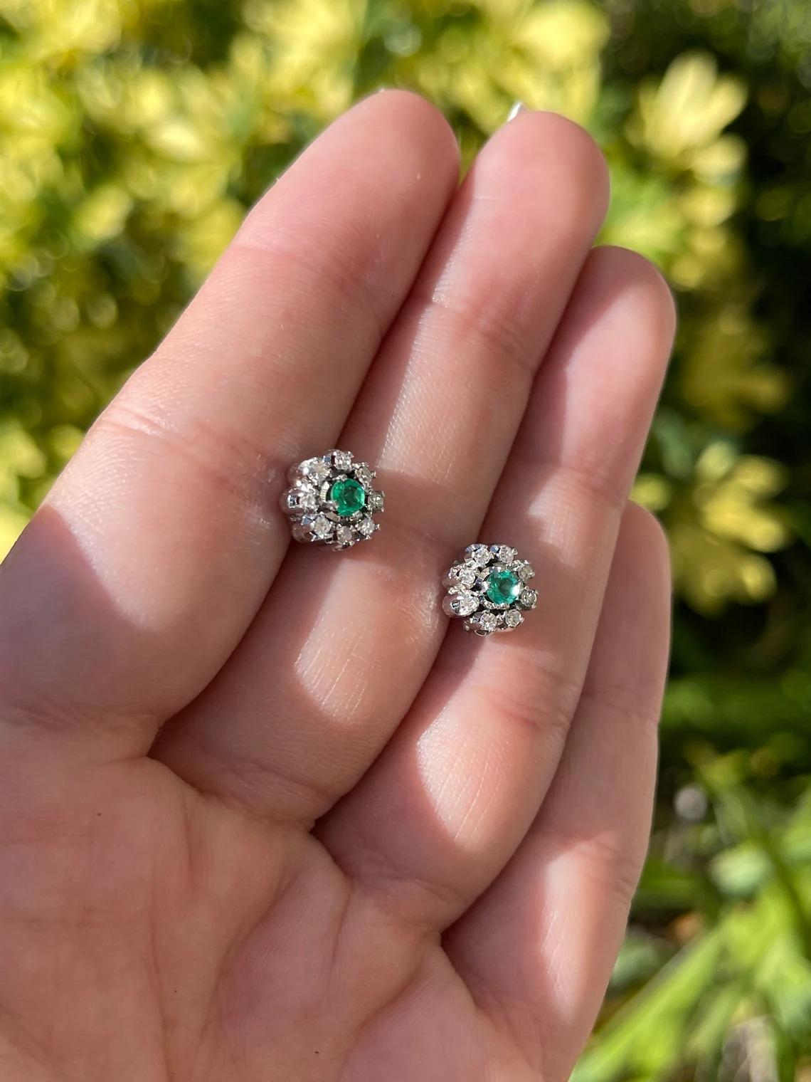 Modern 0.44tcw 14K Colombian Emerald-Round Cut & Diamond Halo Floral Stud Earrings For Sale