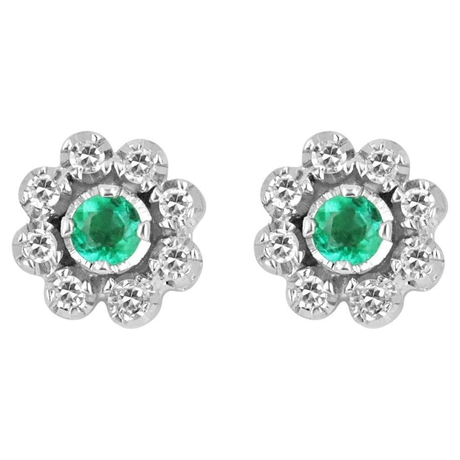 0.44tcw 14K Colombian Emerald-Round Cut & Diamond Halo Floral Stud Earrings For Sale