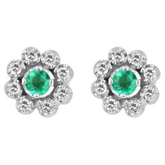 0.44tcw 14K Colombian Emerald-Round Cut & Diamond Halo Floral Stud Earrings