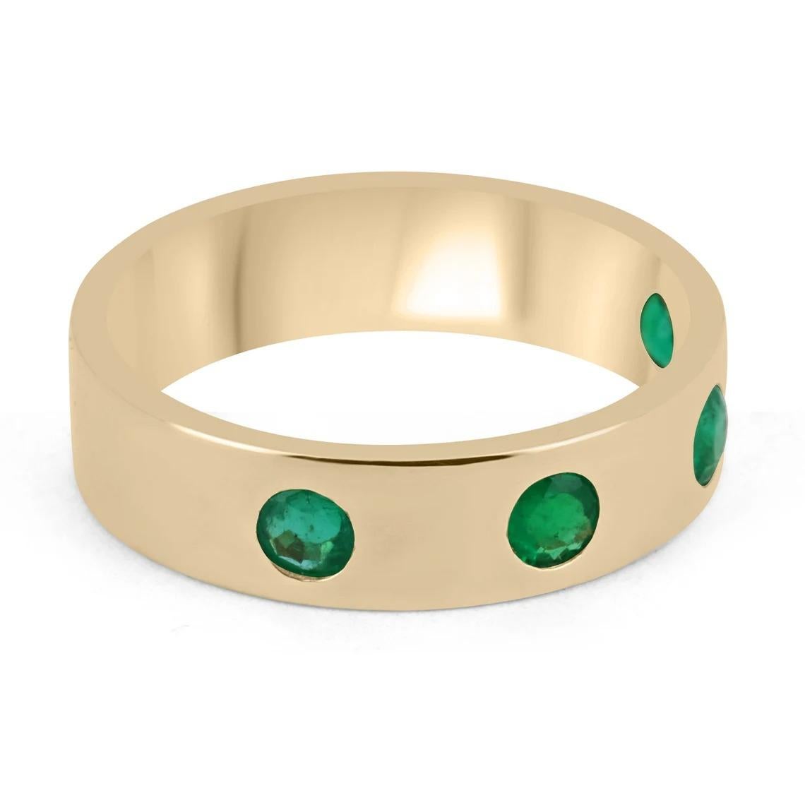 A stunning natural Colombian emerald hand-made solid gold 18K band ring. This gorgeous piece features multiple, round cut, Colombian emeralds, going all around the band. The high-quality natural gemstones are ethically mined in the prominent mines