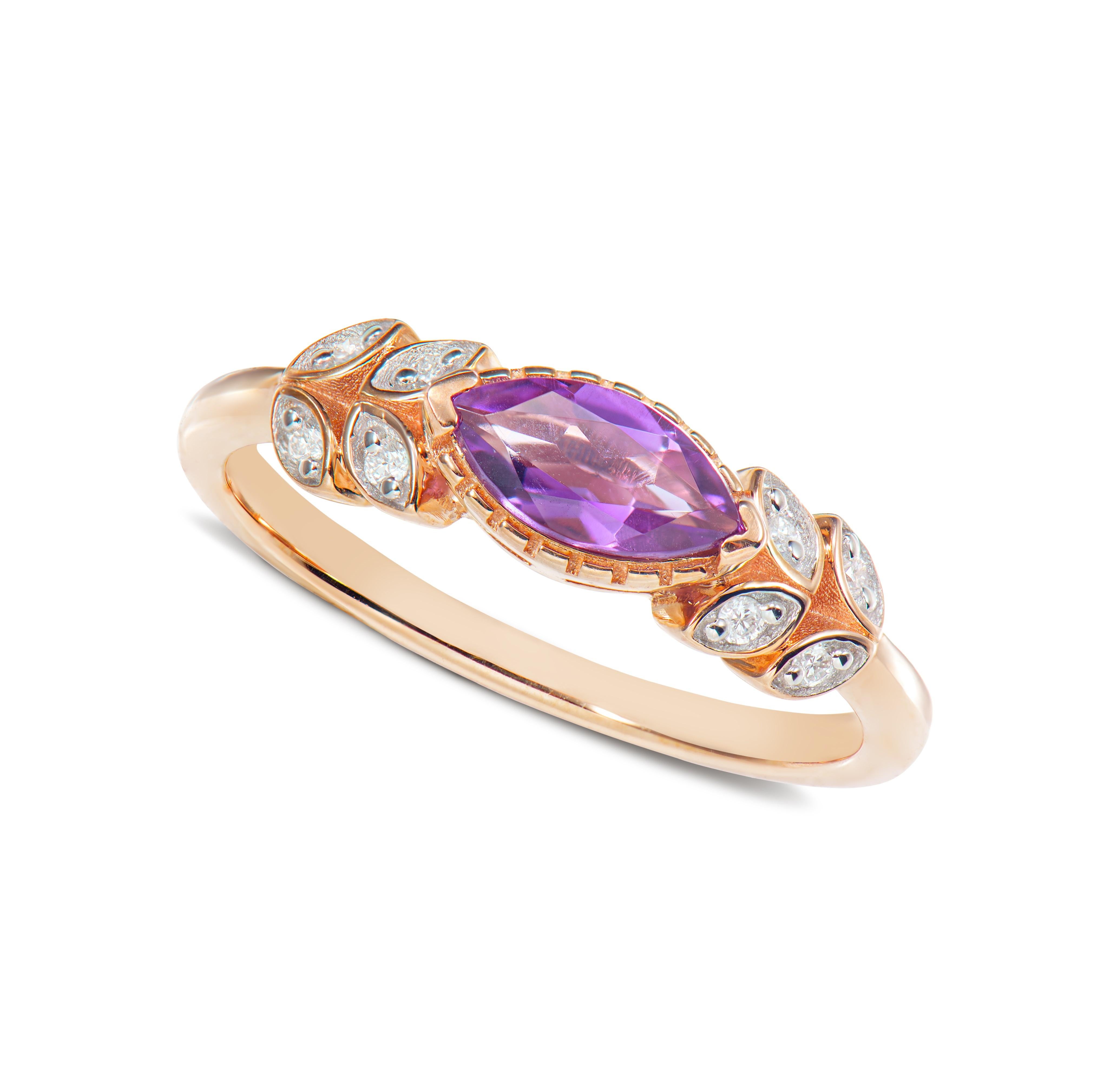 Contemporary 0.45 Carat Amethyst Fancy Ring in 14Karat Rose Gold with White Diamond.   For Sale