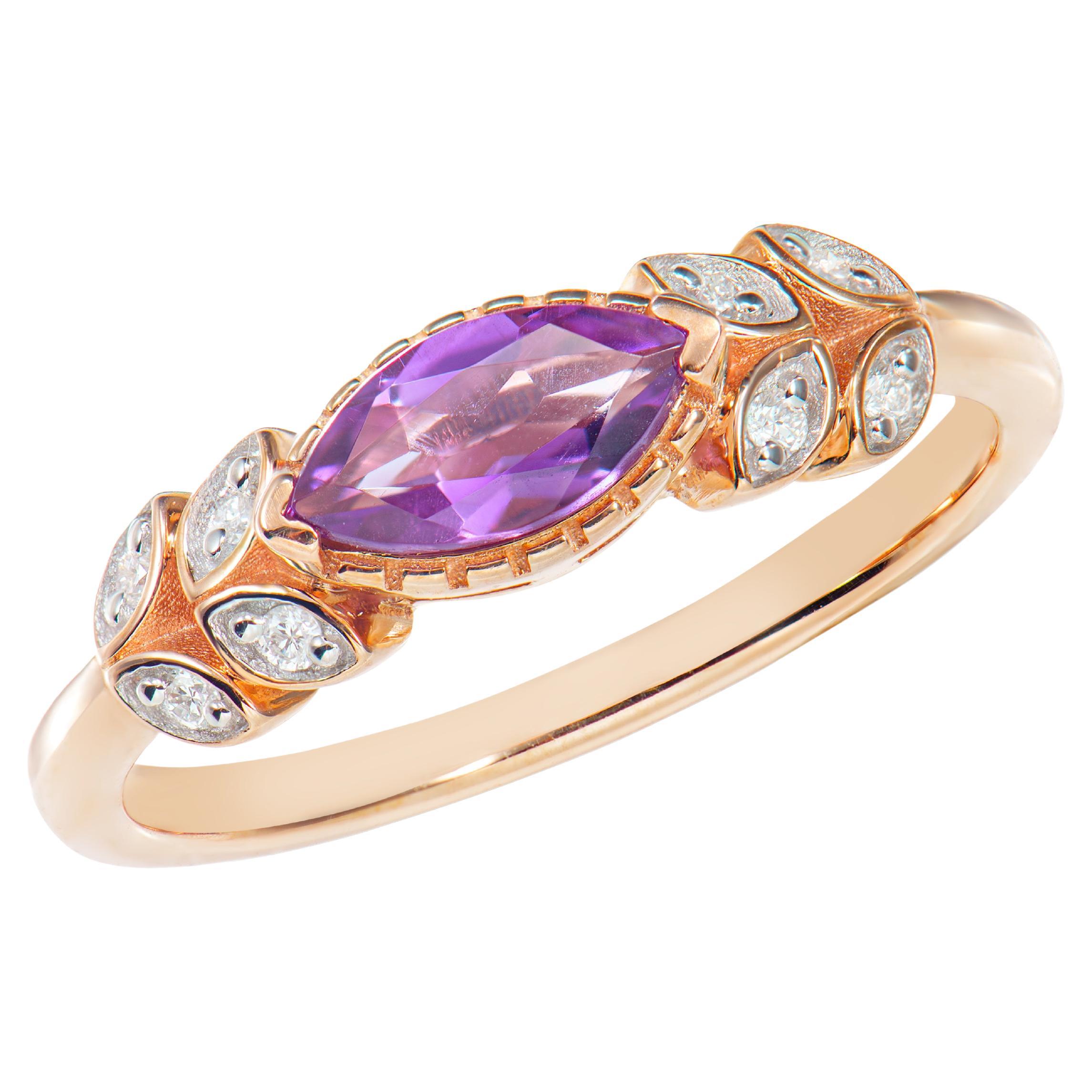 0,45 Karat Amethyst Fancy-Ring aus 14 Karat Roségold mit weißem Diamant.   im Angebot