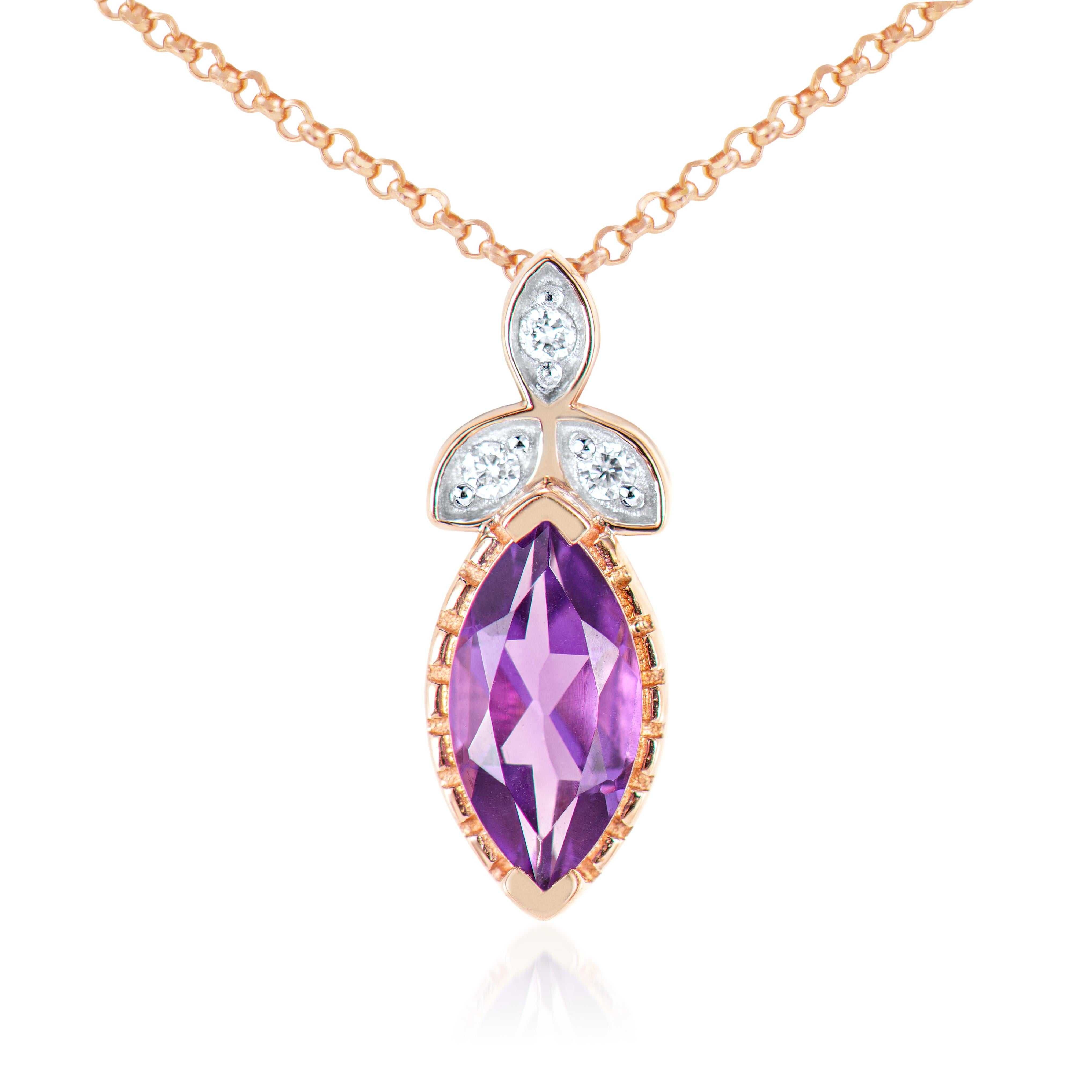 Presented A lovely set of Amethyst for people who value quality and want to wear it to any occasion or celebration. The rose gold Amethyst Pendant adorned with diamonds offer a classic yet elegant appearance.

Amethyst Pendant in 14Karat Rose Gold