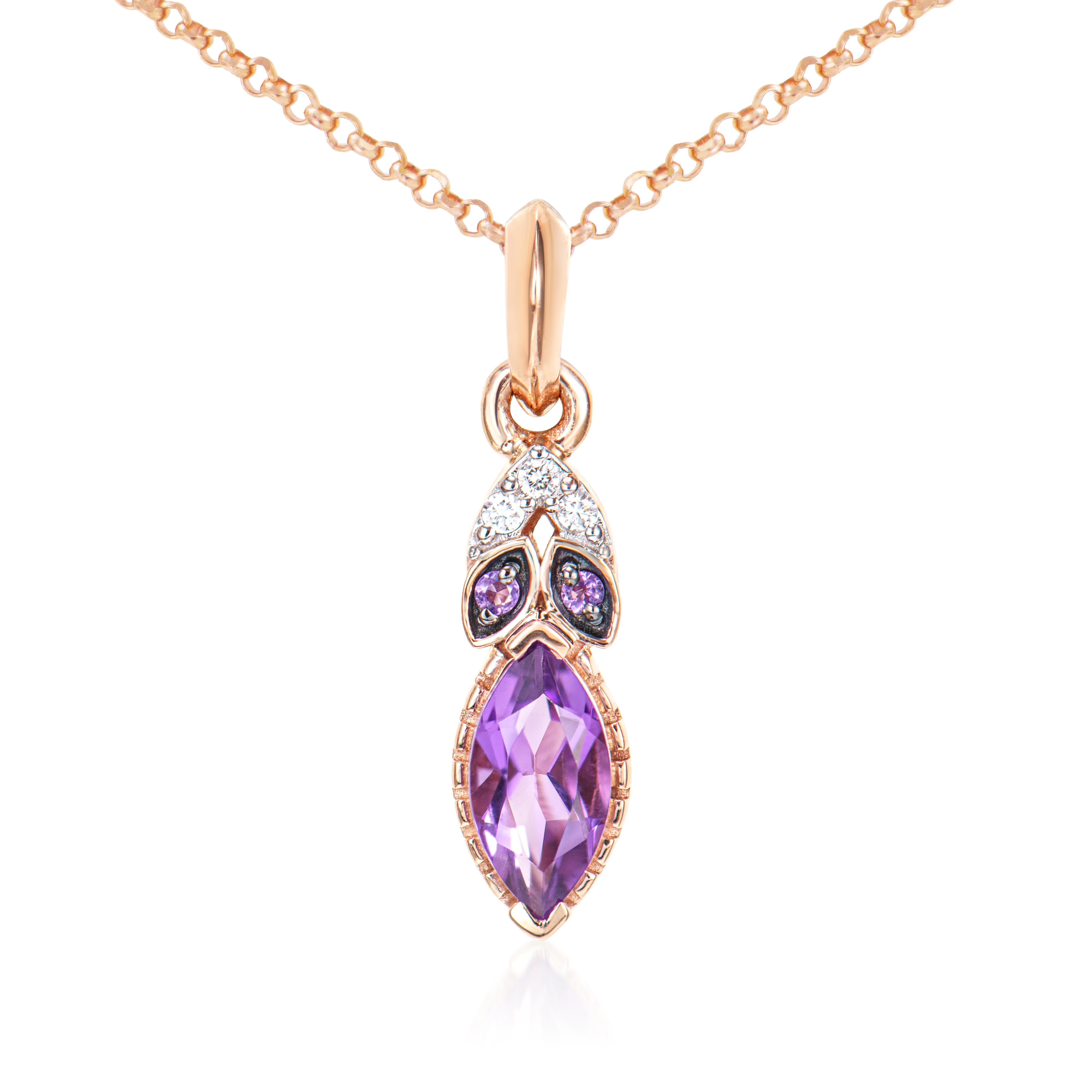 Contemporary 0.45 Carat Amethyst Pendant in 14Karat Rose Gold with White Diamond. For Sale