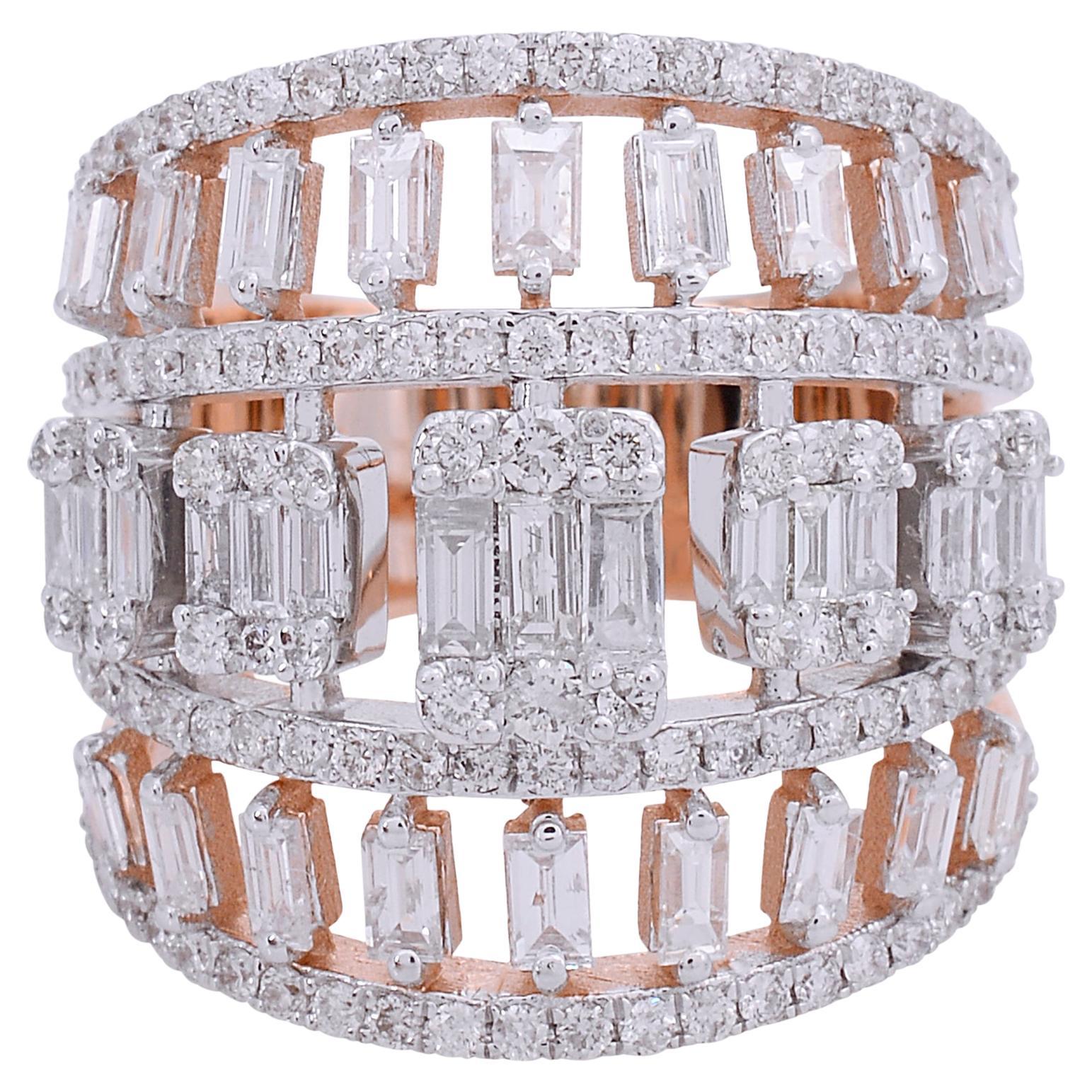 Bague cocktail en or rose 18 carats avec diamants ronds et baguettes de 0,45 carat