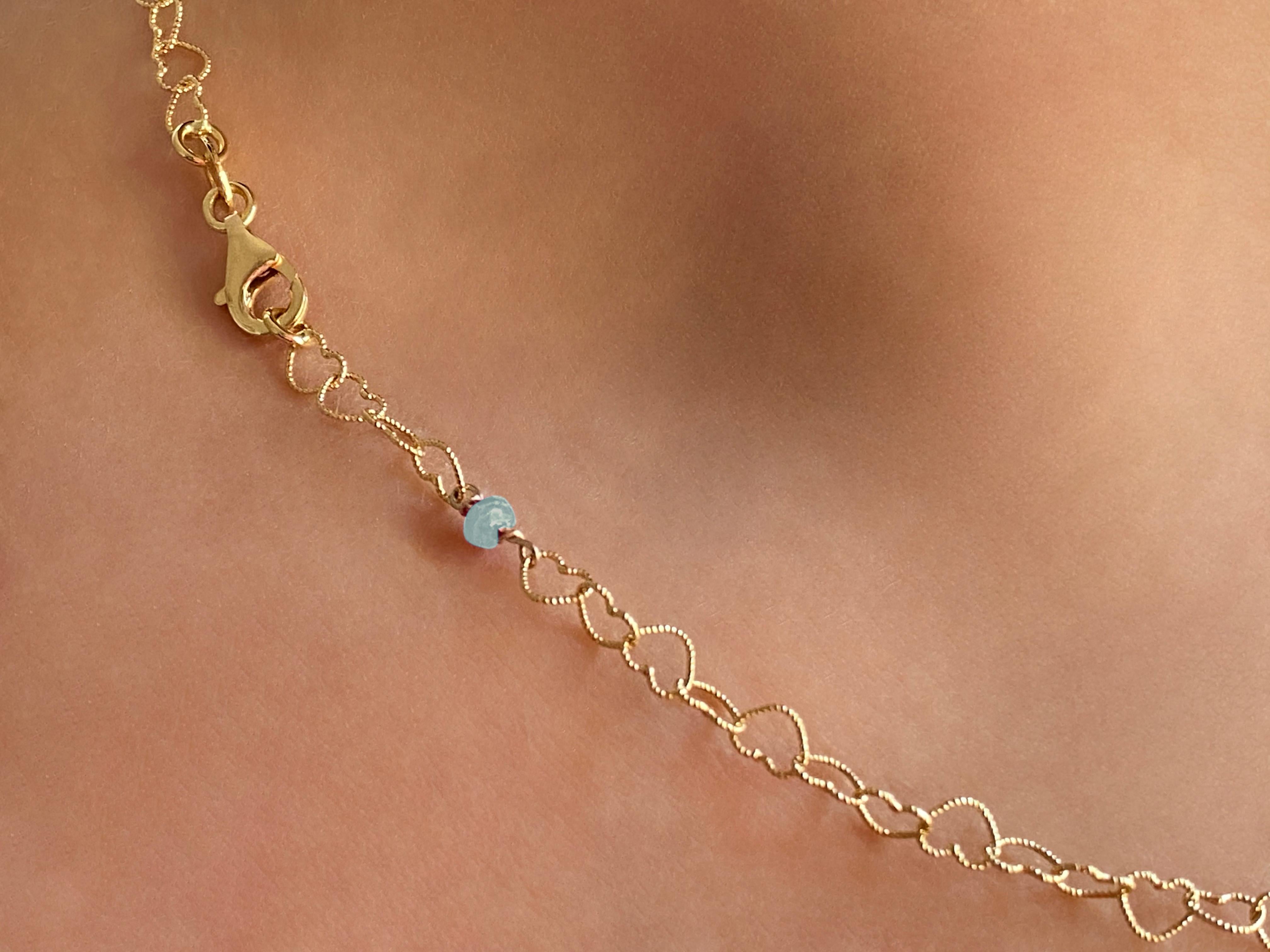 0.45 Carat Bead Cut Aquamarine 18 Karat Yellow Gold Little Hearts Chain Necklace For Sale 5