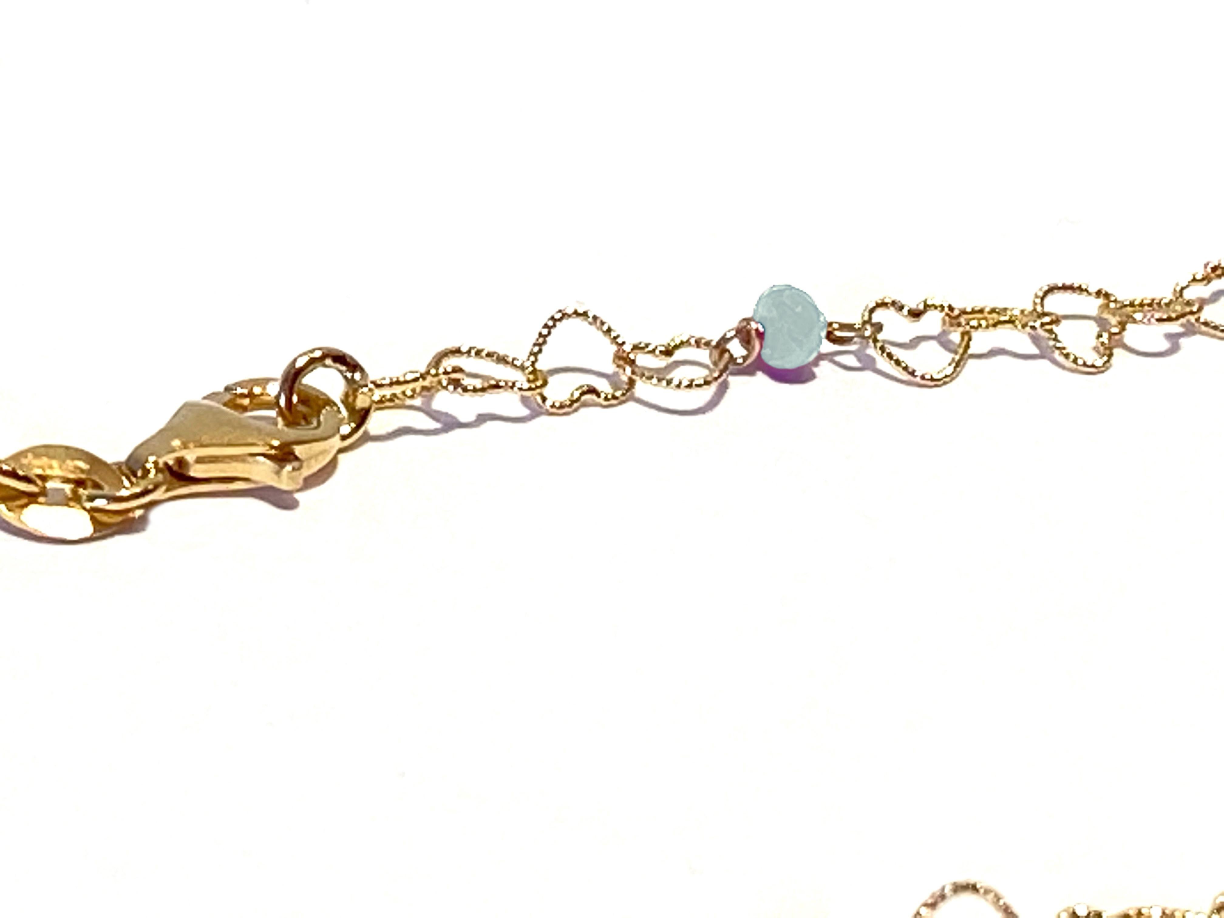 Women's or Men's 0.45 Carat Bead Cut Aquamarine 18 Karat Yellow Gold Little Hearts Chain Necklace For Sale