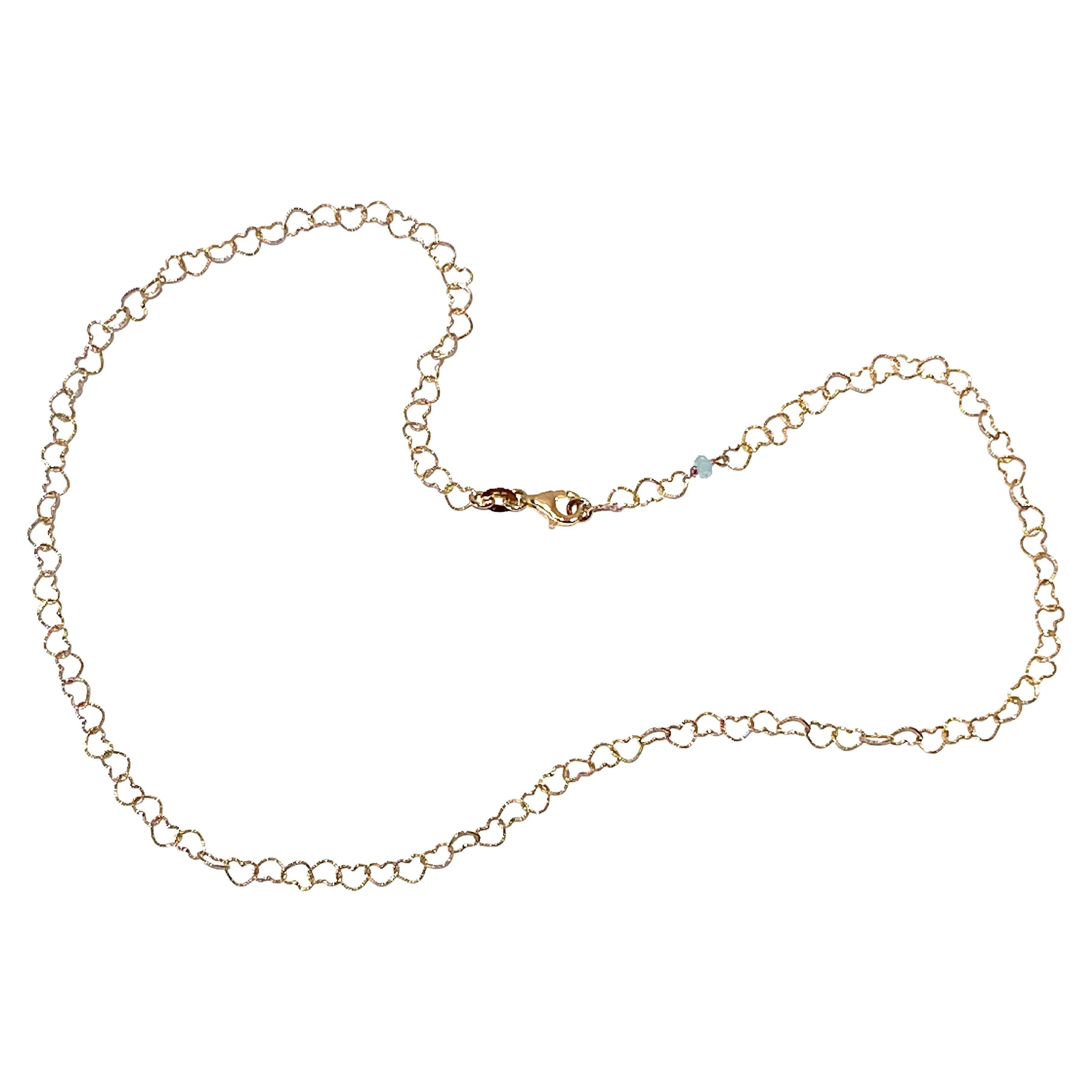 0.45 Carat Bead Cut Aquamarine 18 Karat Yellow Gold Little Hearts Chain Necklace For Sale