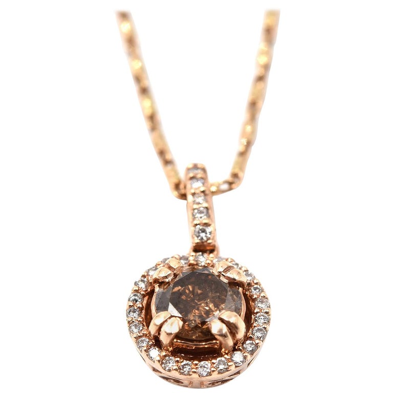 0.45 Carat Chocolate Diamond 14 Karat Rose Gold Halo Necklace For Sale