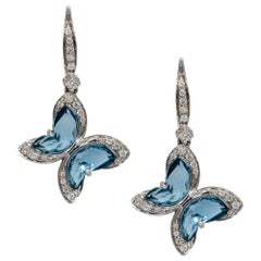 0.45 Carat Diamond with Blue Topaz Butterfly Earrings 18 Karat in Stock