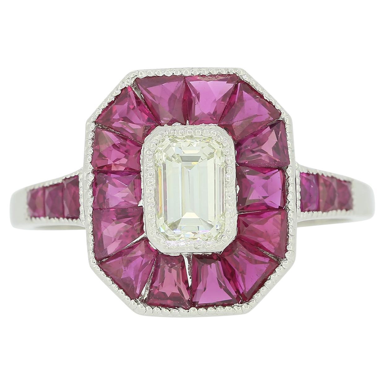 0.45 Carat Emerald Cut Diamond and Calibrated Ruby Ring