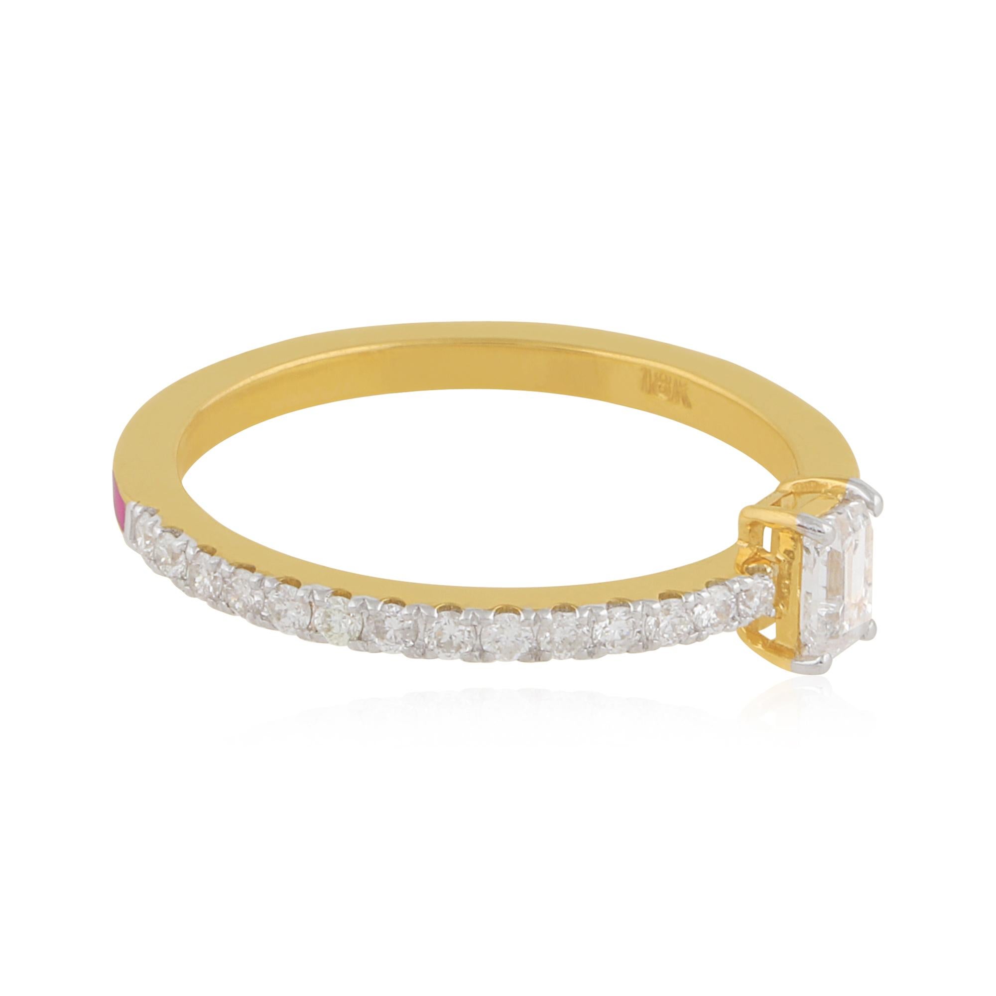 Women's 0.45 Carat Emerald Cut Diamond Enamel Band Ring 18 Karat Yellow Gold Jewelry For Sale