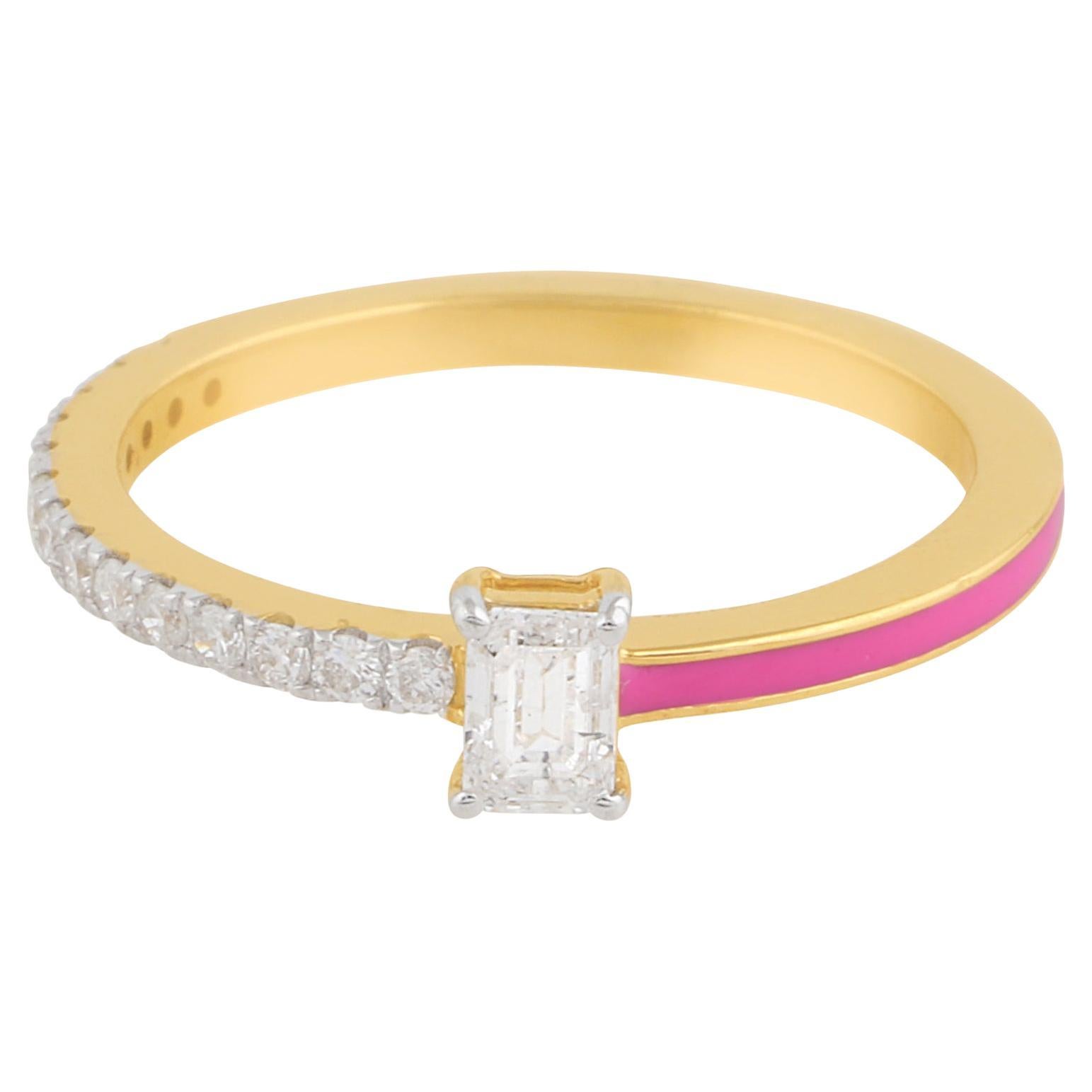 0.45 Carat Emerald Cut Diamond Enamel Band Ring 18 Karat Yellow Gold Jewelry