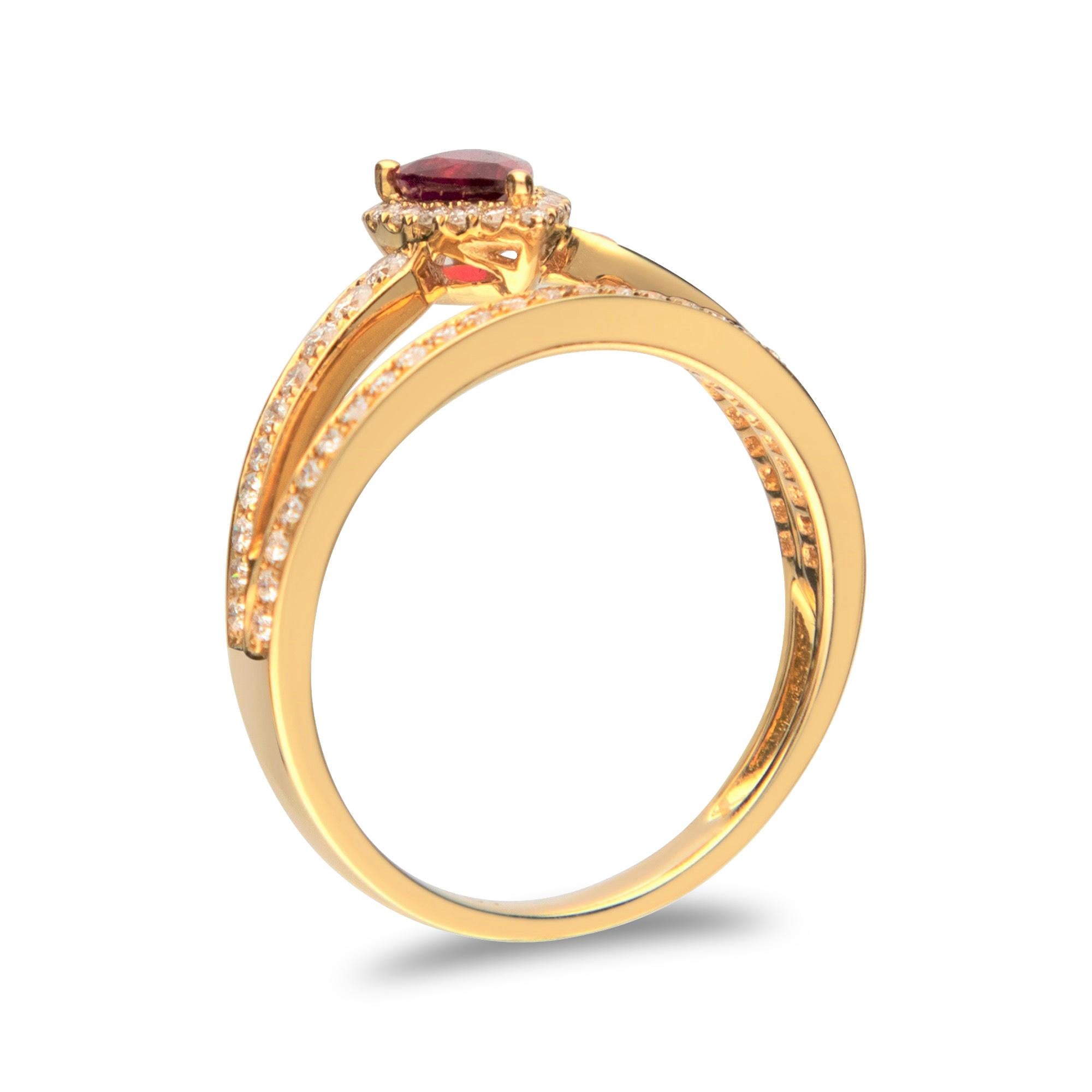 This beautiful Genuine Ruby Ring is crafted in 14-karat Yellow gold and features a 0.45 carat 1 Pc Genuine Ruby and 63 Pcs Round White Diamonds in GH- I1 quality with 0.39 Ct in a prong-setting. This Ring comes in sizes 6 to 9, and it is a perfect