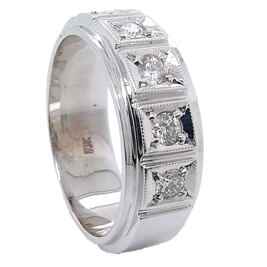 This Beautiful Gent's ring is made in 18K white gold with shiny finish. It has 5 pieces of perfectly matched 2.8 mm Round Brilliant Diamonds(Total Weight 0.45 Ct) Illusion set on the top. 
Total Diamond Weight: 0.45 Ct VS2-SI1/G-H
Total Weight of