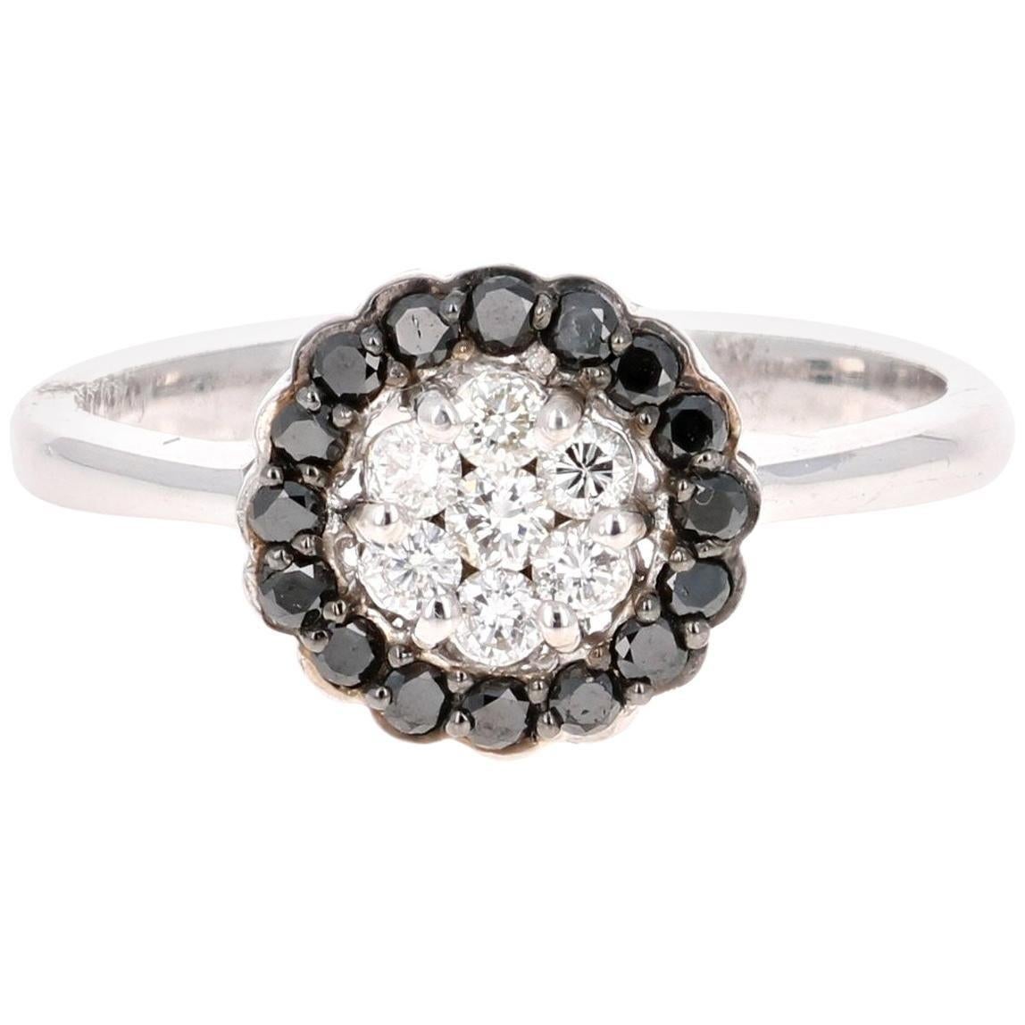 0.45 Carat Natural Black White Diamond White Gold Ring